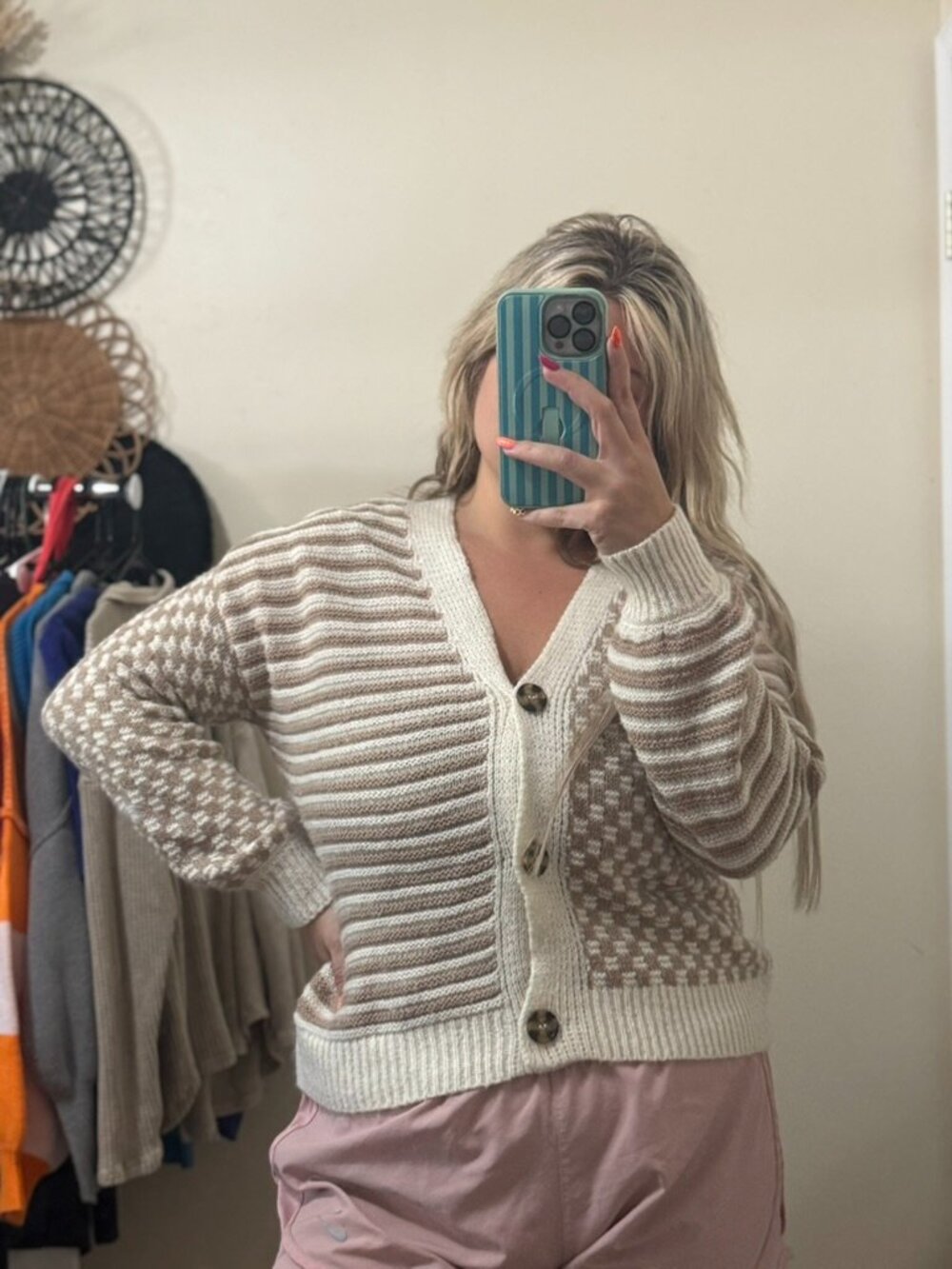Stripes and Checkered Cardigan in Beige XS